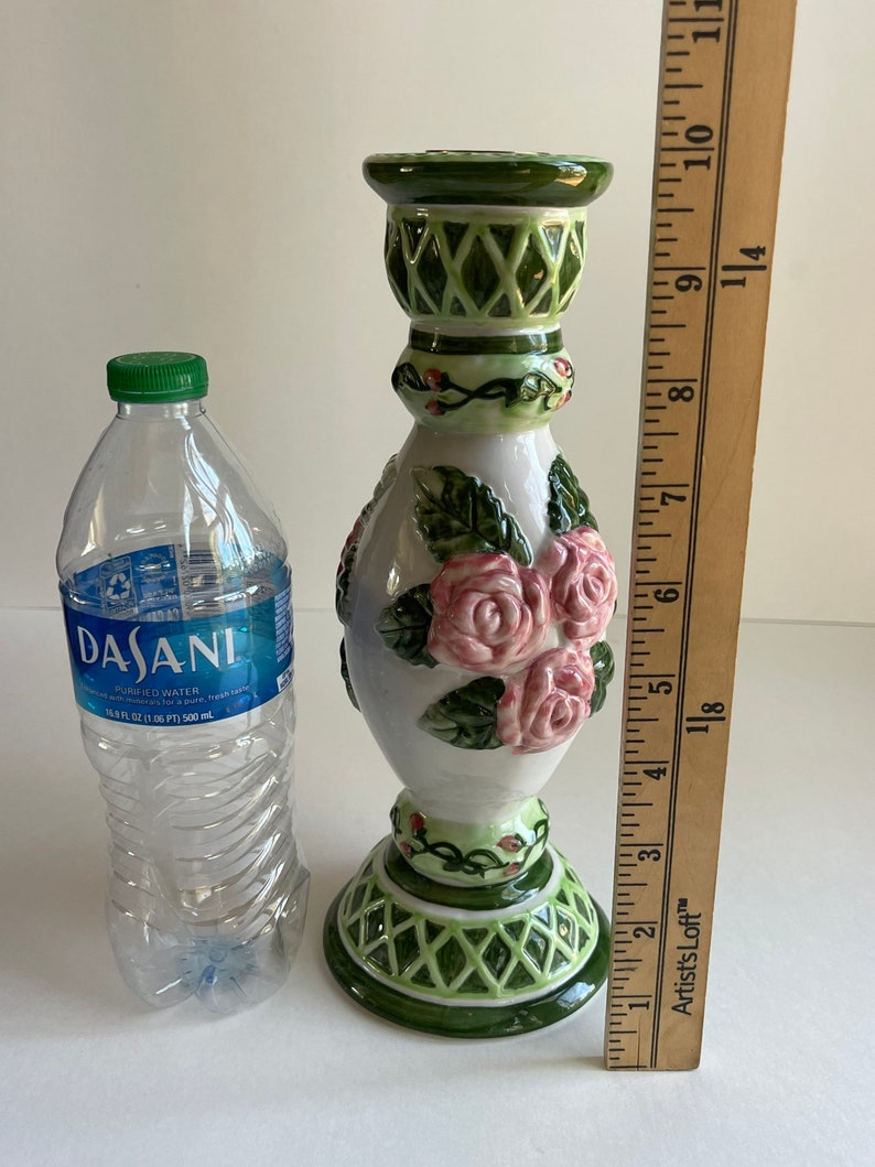Vintage Ceramic Taper Candle Holder With Embossed Roses, Leaves, Vines