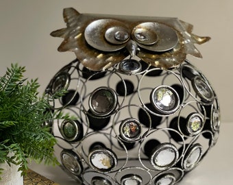 Pier One Jeweled Metal Owl Sculpture: Large Eyed Artwork