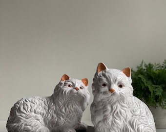 Vintage Terracotta Cat Figurine Pair: White Fluffy Kitty Sculptures