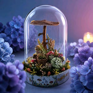 May include: A glass cloche dome containing a miniature woodland scene with a tall brown mushroom, green moss, small red mushrooms, and a woven basket. The base is decorated with a colourful mushroom pattern, and the entire display is clear glass.