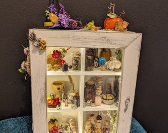 The witches apothecary cabinet, light up unique decor for room or altar, witches curios, miniature, broomstick,witches hat,glass fronted,