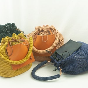 Handwoven Raffia Bucket Bag with Knitted Raffia Shoulder Strap, Crochet Raffia Shoulder Bag, Knitted Straw Handbag, Gift For Her