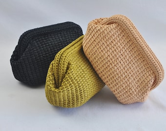 Handmade Raffia Clutch, Medium Size Crochet Cloud Bag for Summer, Matt & Shiny Beach Clutches, Knitted Pouch Bag, Gift for Her