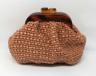 Elegant Bronze Raffia Mini Clutch,  Crochet with Acrylic Frame, Perfect Accessory for Special Occasions, Miniature Clutch for Nights Out