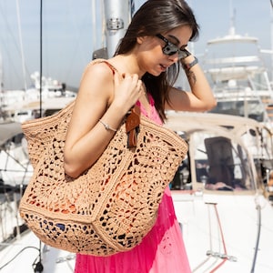 Large Hand Knitted Tote Bag - Raffia with Crochet Flower Motif, Wicker Summer Beach Bag, Unique  Gift for Women, Artisan Birthday Item