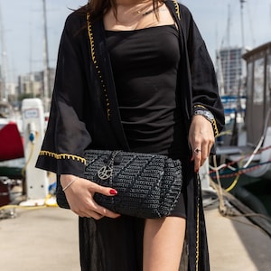 Crochet Raffia Clutch, Raffia Pouch Bag, Crochet Raffia Handbag, Short Strap Crossbody, Summer Wrist Bag, Minimal Straw Bag