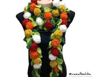 Crochet scarf, flower scarf, rose scarf, spring scarf, autumn scarf, decorative scarf, neck decoration, exclusive scarf, unique scarf.