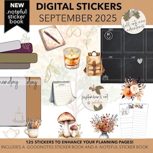 May include: Digital stickers for September 2025, featuring a variety of illustrations including a backpack, candle, calendar, and floral arrangements. The stickers are designed to enhance planning pages and include a Goodnotes and Noteful sticker book.