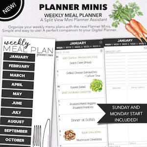 May include: A weekly meal planner with the text "Planner Minis" and "Weekly Meal Planner". The planner includes sections for each month, with space to write meal plans and grocery lists. The image also shows a drawing of carrots and lettuce.