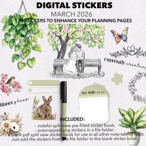 May include: Digital stickers for March 2026, featuring illustrations such as a couple on a bench, a butterfly, and floral designs. Includes 179 stickers to enhance planning pages. The image also includes a pen and a rabbit.