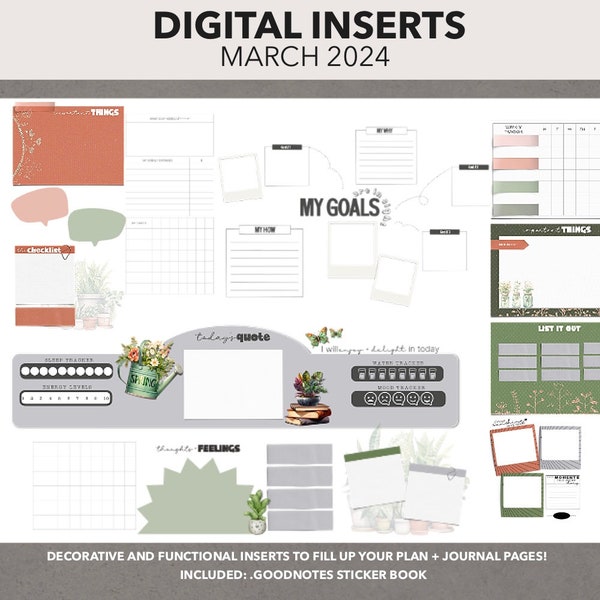 DIGITAL PLANNER INSERTS | March 2024 Plan + Journal Inserts | Goodnotes Sticker Book