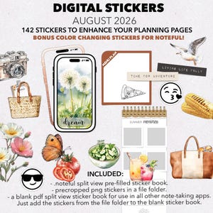 May include: Digital sticker set for August 2026 featuring illustrations of a camera, straw tote, dandelion phone screen, menu plan, seagull, pizza slice, corn, butterfly, tomato, salad, drinks, and summer memories planner page with text.