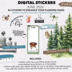 May include: Digital sticker set for planning pages, featuring various illustrations like a camera, fishing rod, cocktail, dragonfly, owl, and BBQ grill. Includes text elements such as "Adventure Seeker", "Road Trip", and "Happy Father's Day".