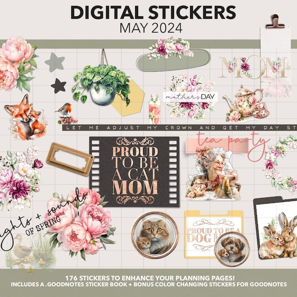 DIGITAL PLANNER STICKERS | May 2024 Plan + Journal Stickers | Goodnotes Sticker Book