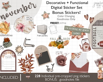 Può includere: Un set di adesivi digitali a tema autunnale. Gli adesivi presentano immagini di foglie, una teiera, un pallone da calcio, un orologio, un maglione, un tapis roulant, un sole, una lista di cose da fare, un fiore, un libro e molto altro. Gli adesivi sono progettati per l'uso in pianificatori e quaderni digitali.