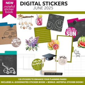 Op de afbeelding: Digitale stickers voor plannerpagina's, met diverse illustraties zoals een camper, schelpen, een drankje, smiley's, een watermeloen en een afstudeerhoed. De stickers bevatten tekst zoals "Sand on my toes", "Girls just wanna have SUN", en "Let's Go Adventure".