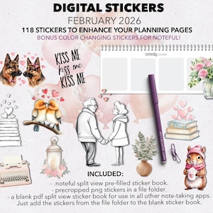 Könnte beinhalten: Digitale Sticker für Februar 2026 mit 118 Stickern zur Verbesserung der Planungsseiten. Das Bild enthält Illustrationen von Hunden, Vögeln, einem älteren Ehepaar und einem Eichhörnchen. Der Text enthält "KISS ME" und "HAPPY VALENTINE'S DAY".