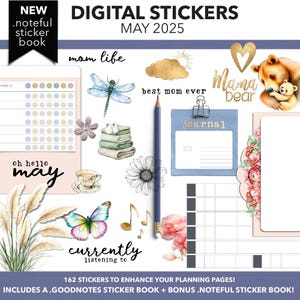 Puede incluir: Pegatinas digitales para planificadores con una variedad de ilustraciones que incluyen una libélula, una mariposa, una taza de té, un girasol, un corazón, un oso, una nube, un diario, un calendario y el texto "mom life", "best mom ever", "Mama bear", "oh hello may", "currently listening to" y "¡162 pegatinas para mejorar tus páginas de planificación! Incluye un libro de pegatinas a.goodnotes + un libro de pegatinas .noteful de bonificación!"