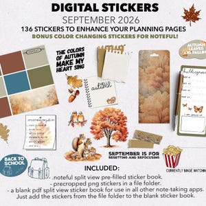 May include: A collection of digital stickers for September 2026 featuring autumn themes. Elements include a fall-colored grid, a tree, squirrels, birds, a habit tracker, and text such as THE COLORS OF AUTUMN MAKE MY HEART SING and SEPTEMBER IS FOR RESETTING AND REFOCUSING.