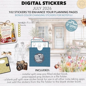 May include: A digital sticker set for July 2026 featuring 102 summer-themed elements including a mood tracker, a camera, sunglasses, a weekly checklist, and a file folder. The collection includes a pre-filled sticker book and individual PNG files.