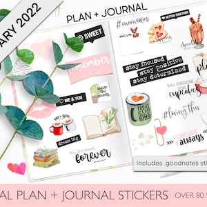 DIGITAL PLANNER STICKERS | February 2022 Plan + Journal Sticker Set Precropped Png .goodnotes stickers