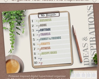 May include: A digital planner with a list of 10 boards for organizing ideas and inspirations. The boards include Business, Home, Cottage, Travels, Family & Friends, Crafts, Fitness, Recipe Ideas, and two blank boards. The planner is designed to be used with a note-taking app. The text "IDEAS & INSPIRATIONS" is written on the right side of the image.