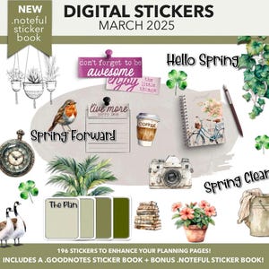 DIGITAL PLANNER STICKERS | March 2025 Plan + Journal Stickers | Goodnotes Sticker Book