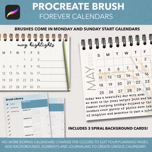 May include: A digital illustration of a Procreate brush set for creating calendars. The image shows a calendar for May 2025 with the text "happy mother's day" highlighted. The image also includes a sample calendar page with the text "may highlights" and a brush library with options for Sunday and Monday start calendars.