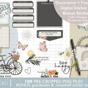 Op de afbeelding: Een digitale stickerset voor planners en dagboeken met een bloemenmotief. De set bevat 109 voorgecropte PNG-bestanden, waaronder een fiets met bloemen, een regenboog, een madeliefje, een vogel, vlinders en een hart. De set bevat ook bonusstickers voor Goodnotes en Noteshelf.