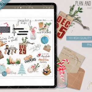 May include: A set of 18 digital stickers featuring a Christmas theme. The stickers include illustrations of Christmas trees, ornaments, cookies, candy canes, and other festive elements. The stickers are in PNG format and are perfect for adding a touch of holiday cheer to your planner, journal, or other digital projects.