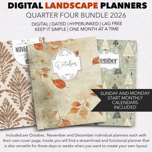 May include: Digital landscape planners for the 2026 quarter four bundle. Includes dated, hyperlinked, lag-free planners for October, November, and December. Features cover designs with autumn leaves, tree patterns, and text labels for each month.