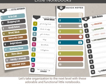 May include: Ten digital notebook covers with colorful backgrounds and icons. The covers are labeled with titles such as "To Do List", "Shopping List", "Quick Notes", "Great Ideas", "Favourite Links", "Inspirations", "Knitting Ideas", "Menu Ideas", "Family + Friends", and "Calendar 2024".