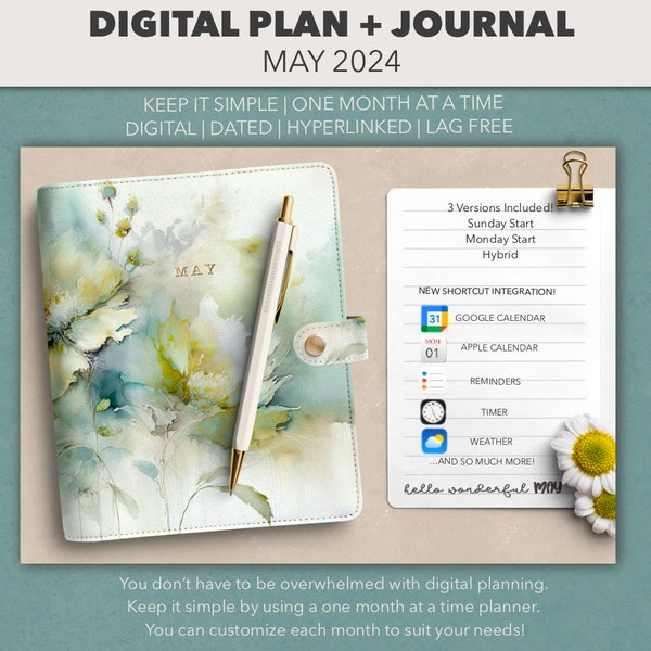 DATED DIGITAL PLANNER |  Monthly Hyperlinked Lag Free Planner And Journal Sunday/Monday/Hybrid Versions May 2024  Shortcut Integration