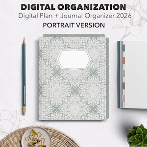 May include: A digital planner and journal organizer for 2026, in portrait version. The cover features a floral pattern in white and pale green. A pencil and a small dish with gold paper clips are also visible.