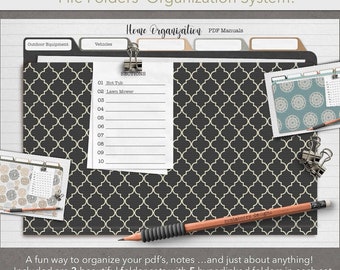 May include: A digital organization system with file folders for home organization. The folders are labeled with categories like "Outdoor Equipment", "Vehicles", "Home Organization", and "PDF Manuals". The folders have a black and white geometric pattern.