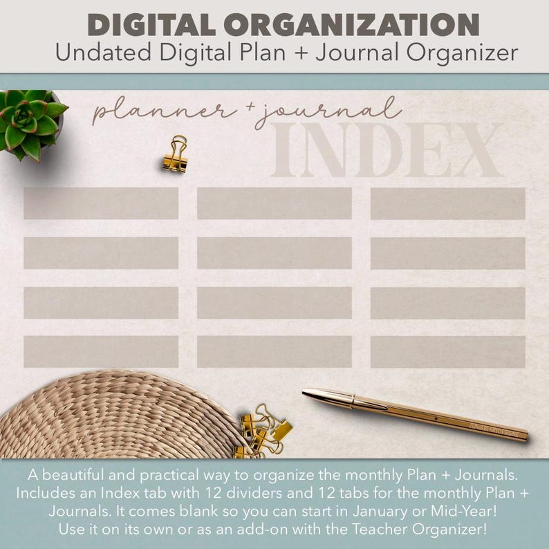May include: A printable digital planner and journal index with 12 tabs and dividers. The index is beige with a brown border and the text "planner + journal INDEX" is written in brown cursive.