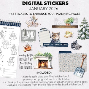 May include: Digital stickers for January 2026, featuring winter-themed illustrations. Includes a mood tracker, snowmen, a fireplace, a wolf in a scarf, ice skates, and text that reads "Hot and Cookies Time" and "Brrrr...It's Cold Outside".