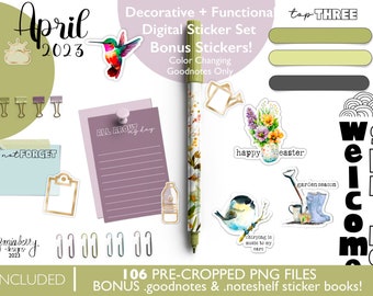 DIGITAL PLANNER STICKERS | April 2023 Plan + Journal Stickers | Goodnotes Sticker Book