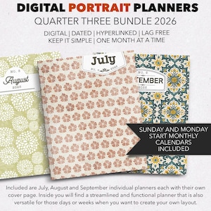 May include: Digital portrait planners for the 2026 quarter three bundle, including July, August, and September. The planners feature patterned covers with floral and geometric designs, dated labels, and text indicating digital, hyperlinked, and lag-free features.