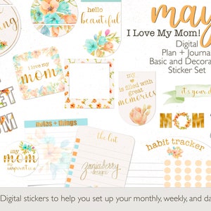 DIGITAL PLANNER STICKERS | May Plan + Journal Basic And Decorative Sticker Set - I Love My Mom