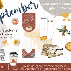 May include: A digital sticker set with a fall theme. The stickers feature illustrations of pumpkins, apples, leaves, and other fall-themed elements. The stickers are designed for use in digital planners and notebooks. The text "September" is written in a decorative font at the top of the image. The text "Bonus Stickers! Color Changing Goodnotes Only" is written in a smaller font below the main title. The text "185 Individual pre-cropped png stickers BONUS: .noteshelf file /.goodnotes file /.collection file" is written at the bottom of the image.