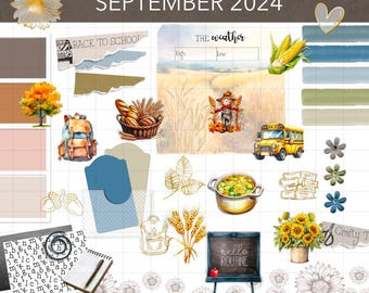 May include: A set of 164 digital stickers for planners, featuring a variety of themes including back to school, weather, and fall. The stickers are in a watercolor style and include images of a school bus, a scarecrow, sunflowers, and more. The text "164 stickers to enhance your planning pages!" and "Includes a Goodnotes sticker book and a video walkthrough!" is also included.