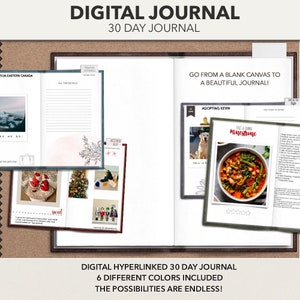 Peut inclure: Un journal numérique avec un format de 30 jours. Le journal est ouvert pour montrer une page blanche, une page avec une photo d'un chien, une page avec une recette de soupe minestrone et une page avec une photo d'un sapin de Noël. Le texte "DIGITAL HYPERLINKED 30 DAY JOURNAL 6 DIFFERENT COLORS INCLUDED THE POSSIBILITIES ARE ENDLESS!" est en bas de l'image.