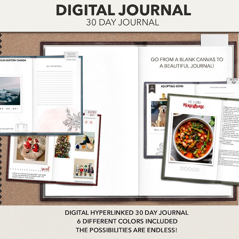 K&ouml;nnte beinhalten: Ein digitales Tagebuch im 30-Tage-Format. Das Tagebuch ist ge&ouml;ffnet und zeigt eine leere Seite, eine Seite mit einem Foto eines Hundes, eine Seite mit einem Rezept f&uuml;r Minestrone-Suppe und eine Seite mit einem Foto eines Weihnachtsbaums. Der Text "DIGITAL HYPERLINKED 30 DAY JOURNAL 6 DIFFERENT COLORS INCLUDED THE POSSIBILITIES ARE ENDLESS!" befindet sich am unteren Rand des Bildes.