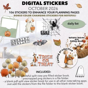 May include: A collection of digital stickers for October 2026 featuring autumn themes, including a dog in a ghost costume, a spider on a web, a bat, a scarecrow, a ghost, and trees. Text includes DIGITAL STICKERS, OCTOBER 2026, sweater weather, EEK!, TRICK OR TREAT, daily list, autumn leaves are falling down, and feeling productive.
