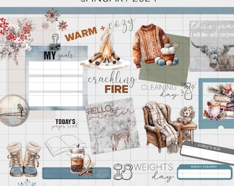DIGITAL PLANNER STICKERS | January 2024 Plan + Journal Stickers | Goodnotes Sticker Book