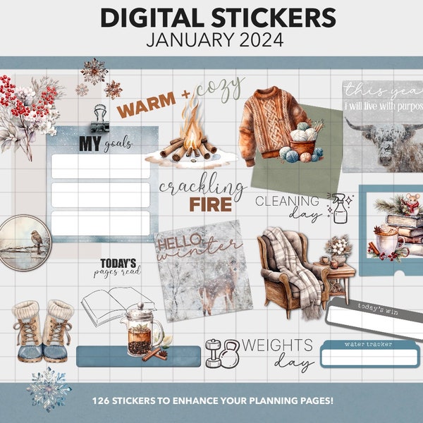 DIGITAL PLANNER STICKERS | January 2024 Plan + Journal Stickers | Goodnotes Sticker Book