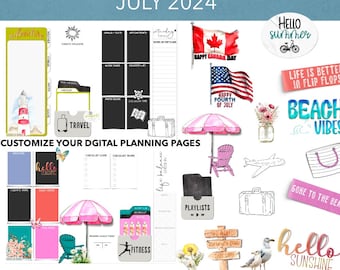 DIGITAL PLANNER STICKERS | July 2024 Plan + Journal Stickers | Goodnotes Sticker Book