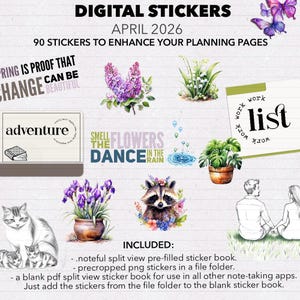 May include: Digital stickers for April 2026, featuring floral and animal illustrations. Includes text elements like "Adventure" and "Smell the Flowers, Dance in the Rain." The image also includes a cat, raccoon, and a couple.