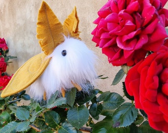 Handmade Fluffy Plush Moth Toy: White Faux Fur, Poseable Legs
